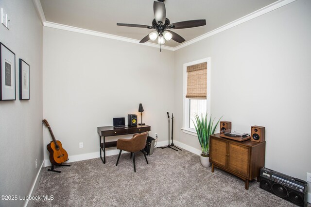 1308 Dover Ln, Wolfforth, TX 79382 - carpeted office with crown molding, ceiling fan, and baseboards