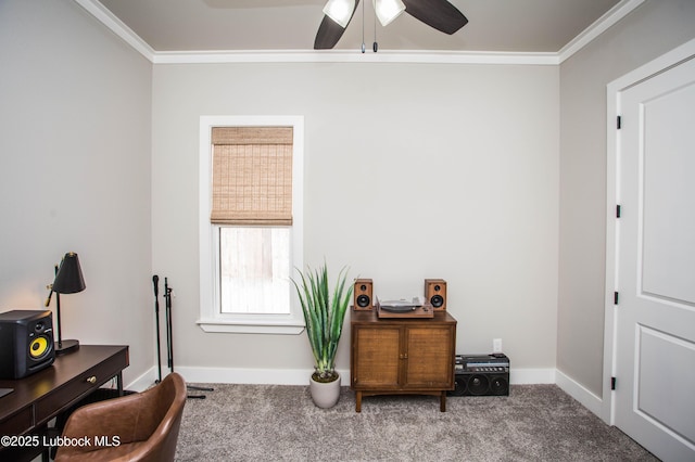 1308 Dover Ln, Wolfforth, TX 79382 - office featuring crown molding, carpet, a ceiling fan, and baseboards