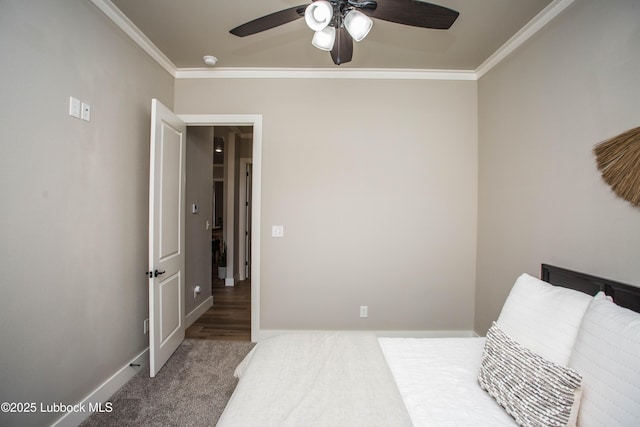1308 Dover Ln, Wolfforth, TX 79382 - carpeted bedroom with crown molding, a ceiling fan, and baseboards