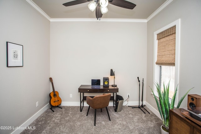 1308 Dover Ln, Wolfforth, TX 79382 - office with ornamental molding, a ceiling fan, carpet, and baseboards