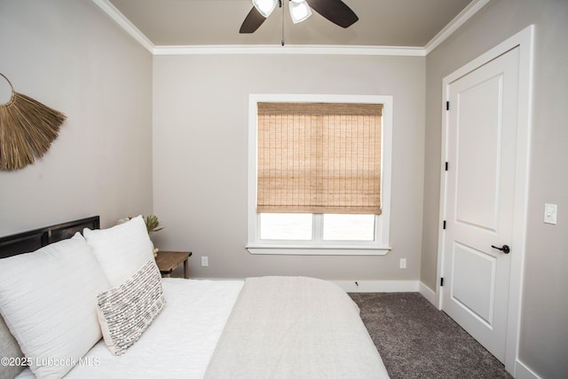 1308 Dover Ln, Wolfforth, TX 79382 - carpeted bedroom with ornamental molding, baseboards, and a ceiling fan