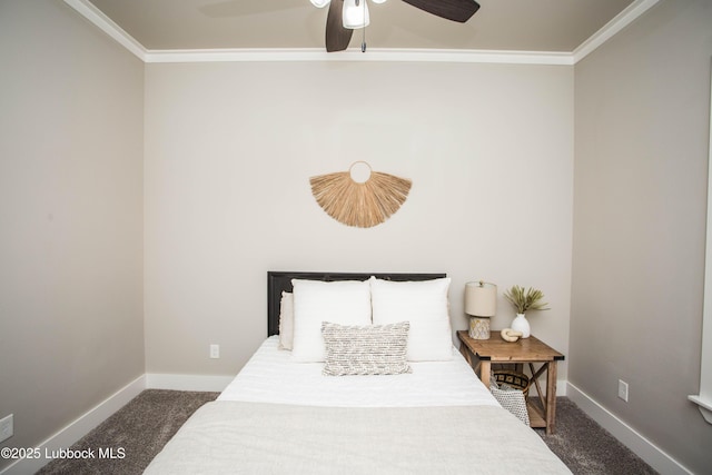 1308 Dover Ln, Wolfforth, TX 79382 - bedroom featuring ornamental molding, dark colored carpet, baseboards, and a ceiling fan