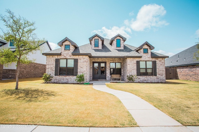 1308 Dover Ln, Wolfforth, TX 79382 - view of front of home featuring french doors, brick siding, and roof with shingles