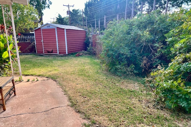 view of yard featuring a storage unit and a patio area