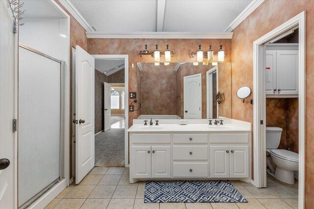 bathroom with crown molding, vanity, toilet, and tile patterned flooring