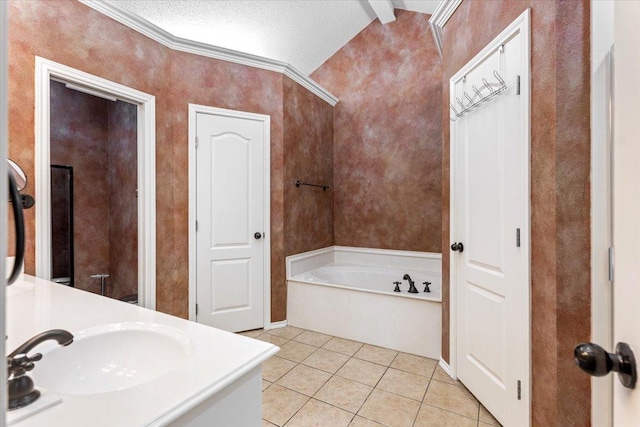 bathroom featuring a bathtub, tile patterned flooring, vanity, crown molding, and a textured ceiling