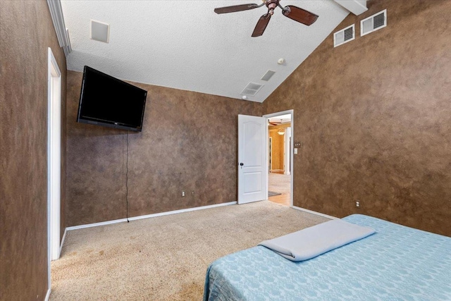 carpeted bedroom with beam ceiling, high vaulted ceiling, ceiling fan, and a textured ceiling