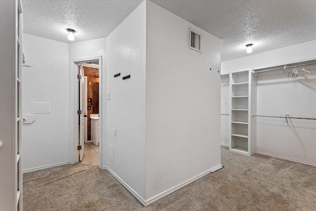 walk in closet with light carpet