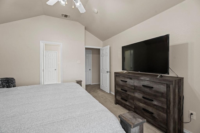 carpeted bedroom with lofted ceiling and ceiling fan