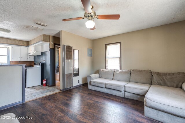 5320 25th St, Lubbock, TX 79407 - living area featuring a textured ceiling, wood finished floors, a ceiling fan, and electric panel