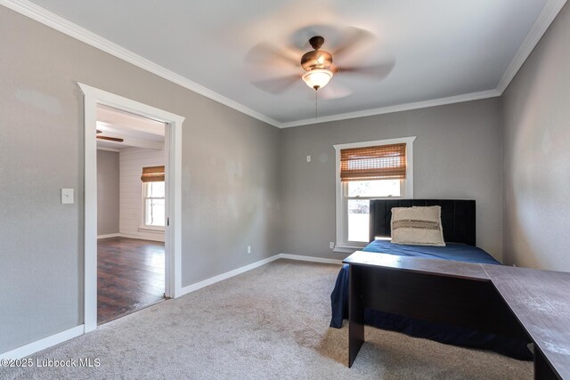 5320 25th St, Lubbock, TX 79407 - bedroom featuring ornamental molding, carpet, baseboards, and ceiling fan