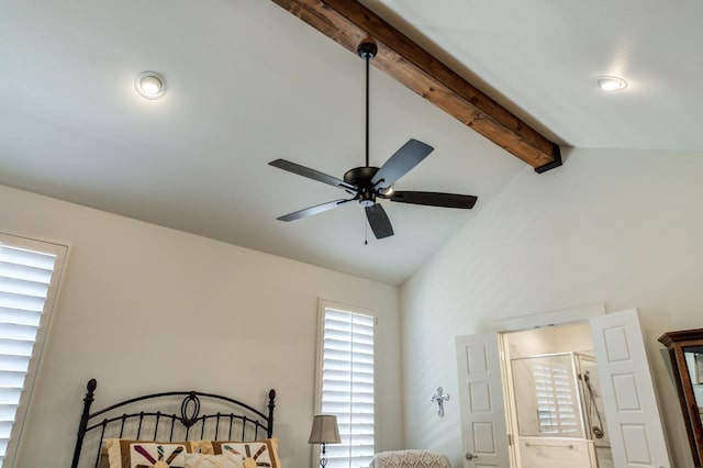 bedroom with vaulted ceiling with beams and ceiling fan