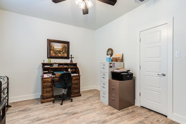 home office with ceiling fan and light wood-type flooring