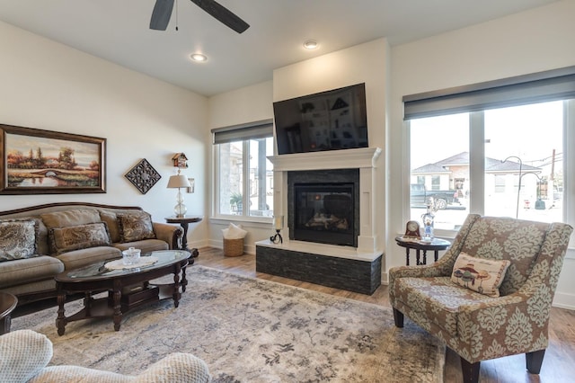 living room with hardwood / wood-style flooring, ceiling fan, and a fireplace