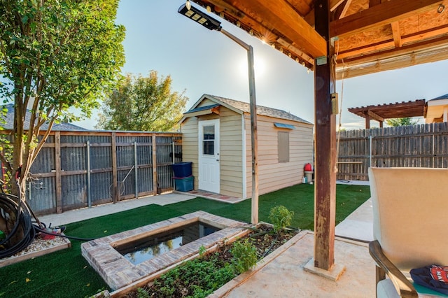 view of patio featuring a storage shed