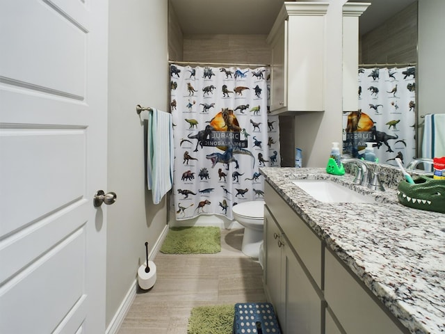 bathroom with vanity, curtained shower, and toilet