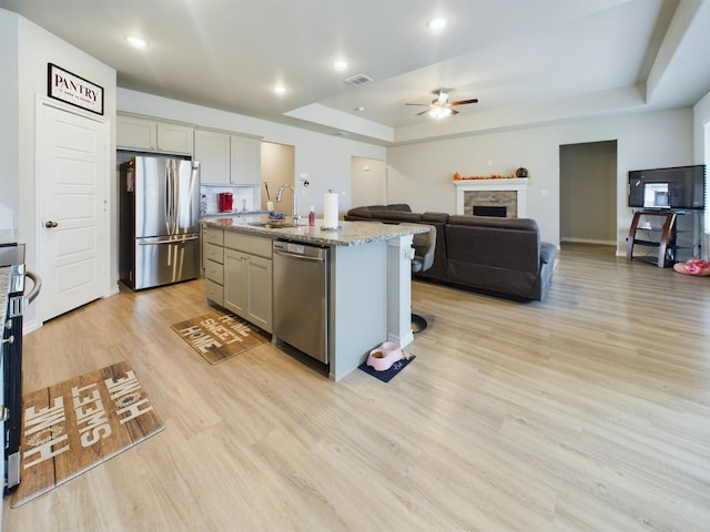 kitchen with sink, appliances with stainless steel finishes, a tray ceiling, gray cabinets, and an island with sink