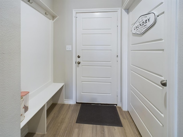 mudroom with light hardwood / wood-style floors