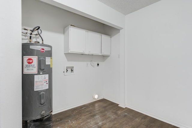 laundry area featuring dark wood-style floors, hookup for a washing machine, electric water heater, electric dryer hookup, and a textured ceiling