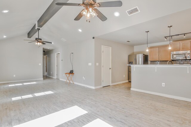 6205 21st St, Lubbock, TX 79407 - unfurnished living room featuring a ceiling fan, light wood-type flooring, and recessed lighting