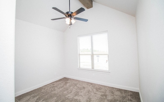 carpeted spare room with vaulted ceiling with beams and ceiling fan