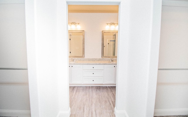 bathroom with vanity and wood-type flooring