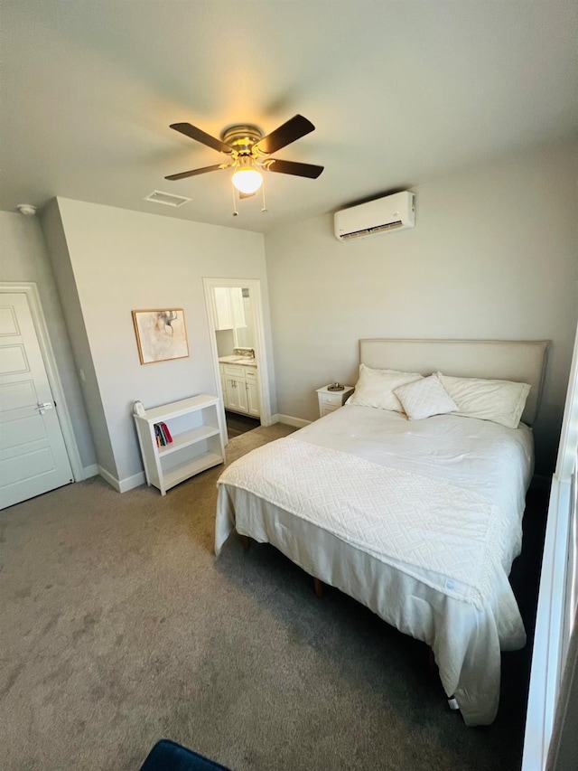 bedroom featuring an AC wall unit, carpet floors, and ceiling fan