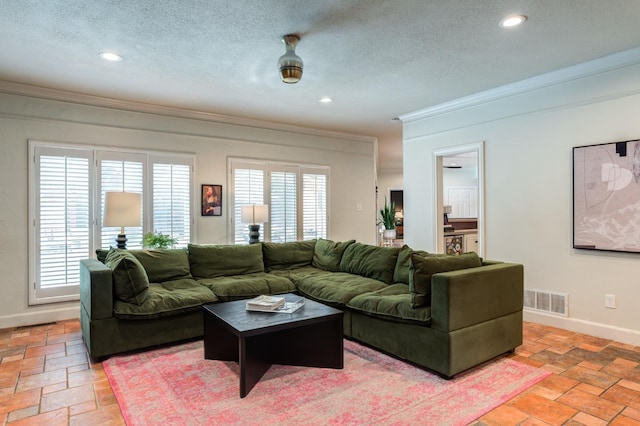 living room with crown molding, plenty of natural light, and a textured ceiling