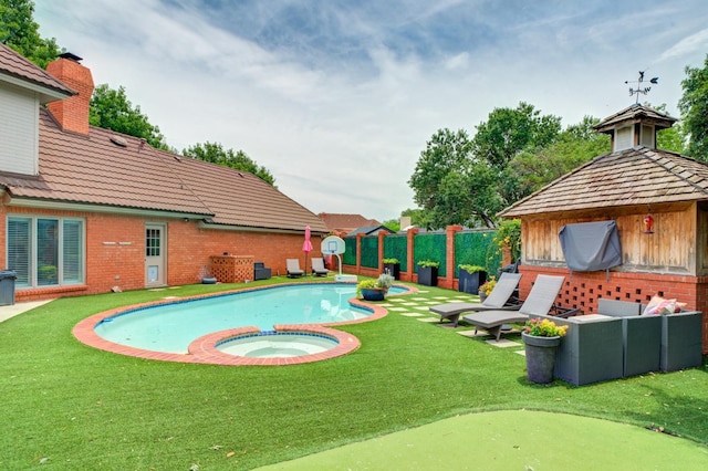 view of pool featuring a gazebo, a yard, and an in ground hot tub