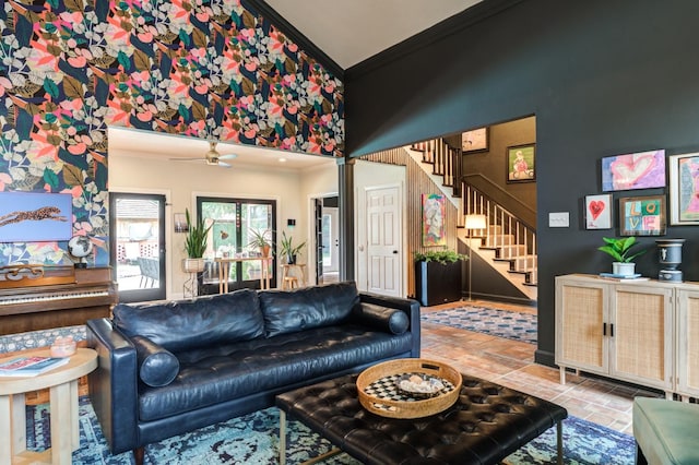 tiled living room with crown molding and vaulted ceiling