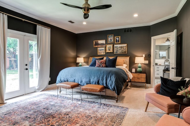 bedroom featuring french doors, crown molding, light colored carpet, ceiling fan, and access to exterior