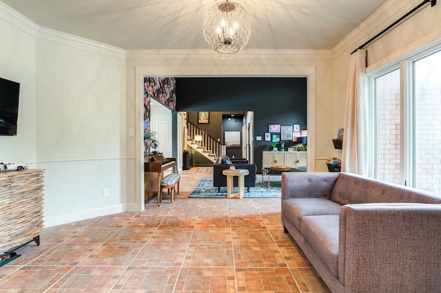 living room featuring ornamental molding and a chandelier