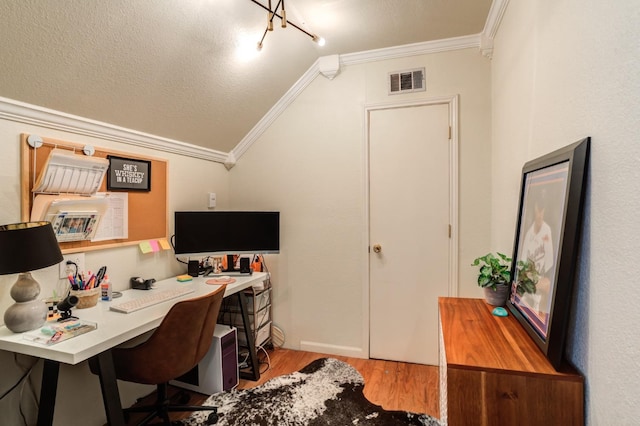 office area with ornamental molding and light wood-type flooring