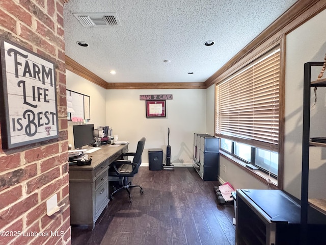 914 W Lee St, Floydada, TX 79235 - office area with a textured ceiling, dark wood-style flooring, and crown molding