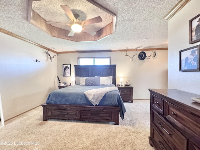 914 W Lee St, Floydada, TX 79235 - bedroom featuring ornamental molding, a textured ceiling, light colored carpet, and ceiling fan