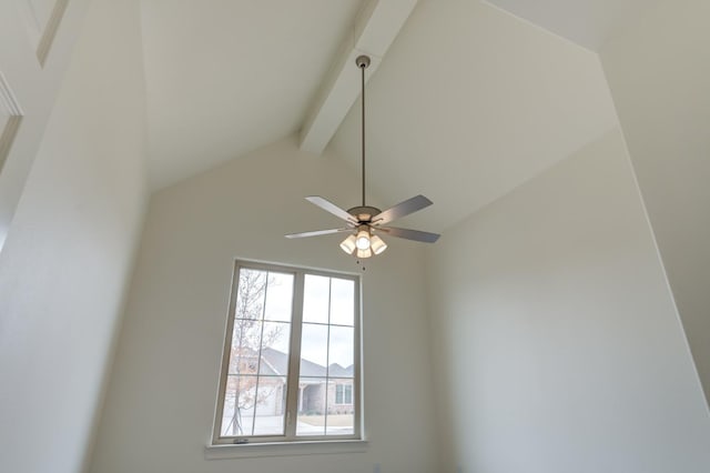 details featuring ceiling fan and beamed ceiling