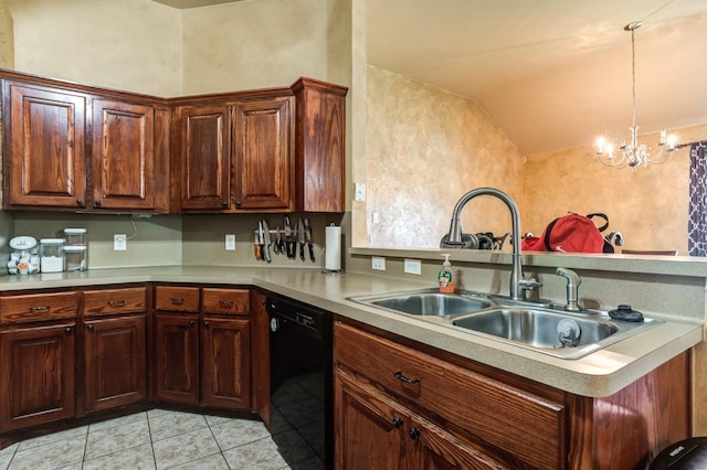 kitchen with sink, decorative light fixtures, vaulted ceiling, light tile patterned floors, and black dishwasher