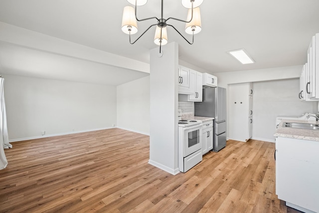 kitchen with white cabinetry, sink, tasteful backsplash, and white range with electric stovetop