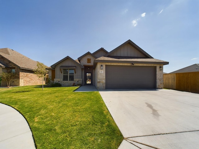 view of front of house featuring concrete driveway, board and batten siding, a garage, stone siding, and a front lawn