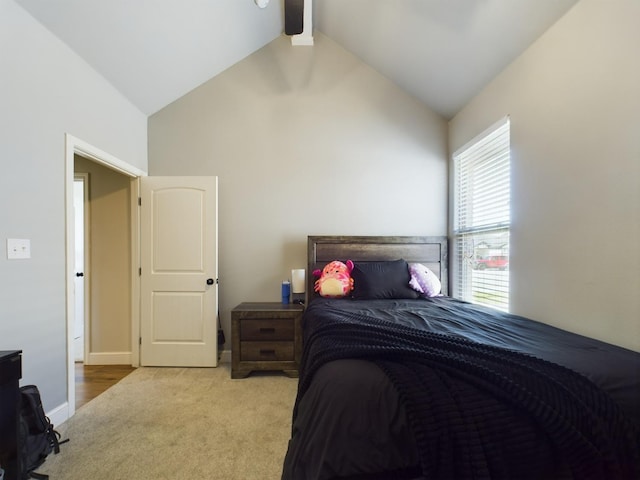 carpeted bedroom featuring high vaulted ceiling, beam ceiling, and baseboards