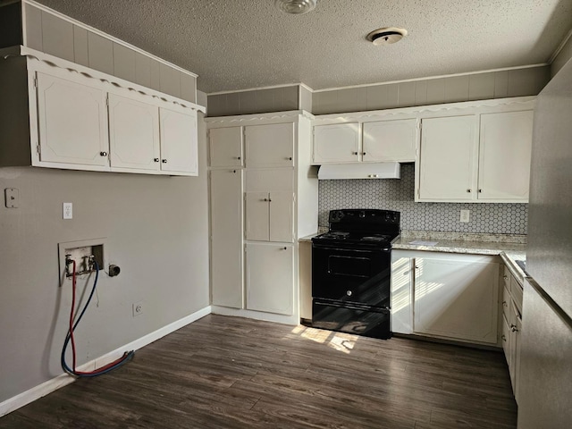 kitchen with dark wood-type flooring, white cabinets, and black / electric stove