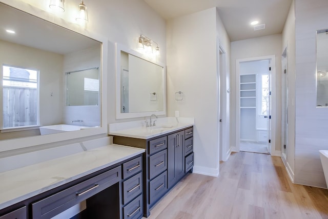 bathroom with vanity, wood-type flooring, and plus walk in shower