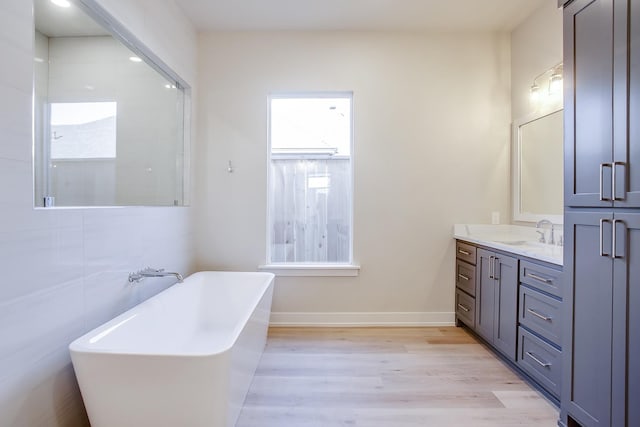 bathroom with a healthy amount of sunlight, vanity, a bath, and wood-type flooring