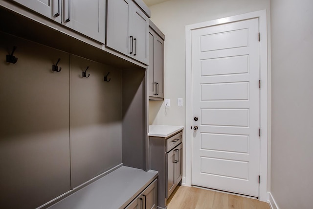 mudroom with light hardwood / wood-style flooring