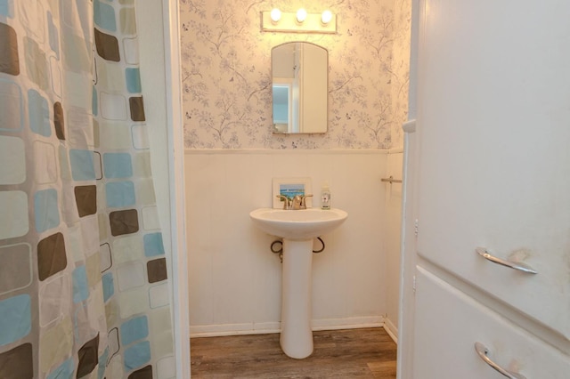 bathroom featuring sink, wood-type flooring, and walk in shower