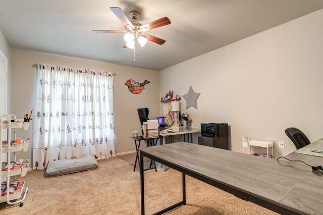 office area featuring ceiling fan and carpet flooring