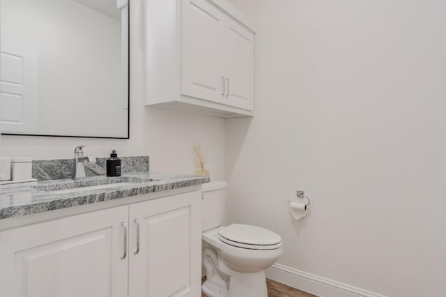 bathroom featuring vanity, wood-type flooring, and toilet