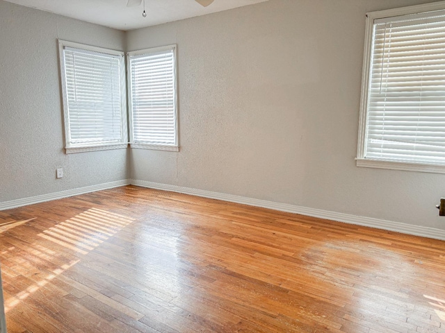 spare room featuring ceiling fan and light hardwood / wood-style flooring