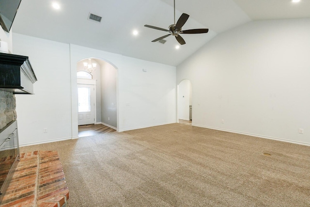 208 Berkshire Ave, Wolfforth, TX 79382 - unfurnished living room with visible vents, a ceiling fan, light carpet, baseboards, and arched walkways