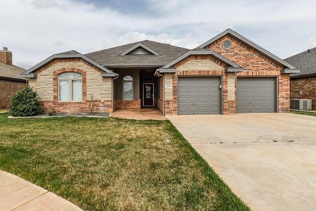 208 Berkshire Ave, Wolfforth, TX 79382 - view of front facade featuring a shingled roof, a garage, a front yard, central air condition unit, and driveway